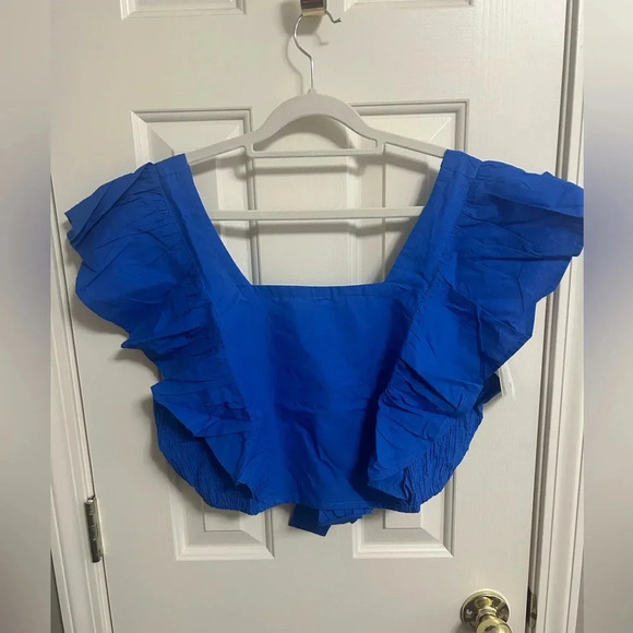 HT360 Collective HandMade Smocked Ruffle Sleeve Tie Back Crop Top Size Large NWT - Picture 3 of 6